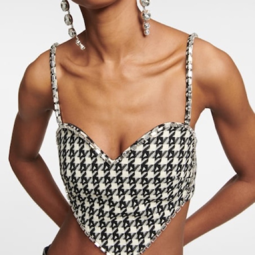 AREA Black and White Houndstooth Sweetheart Crop Top